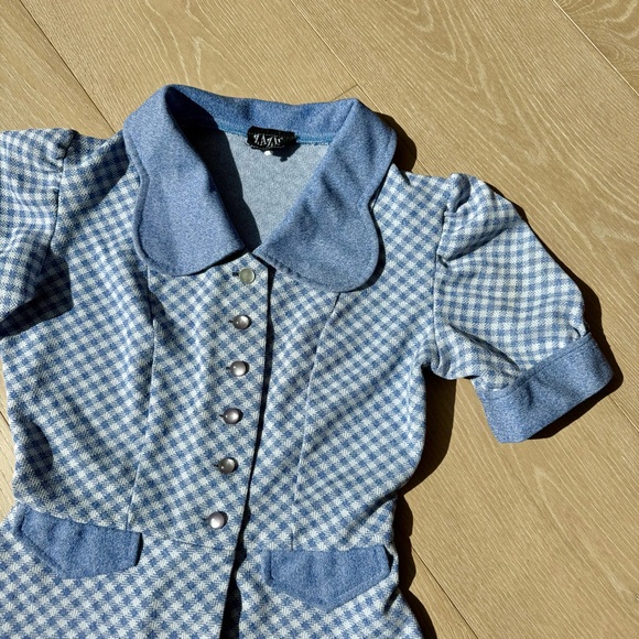 Vintage 1970s Zazie London Blue Peplum Checkered Gingham Blouse - Picture 3 of 5